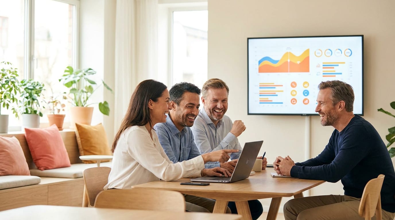 A small business team reviewing an AI-powered dashboard together in a bright office